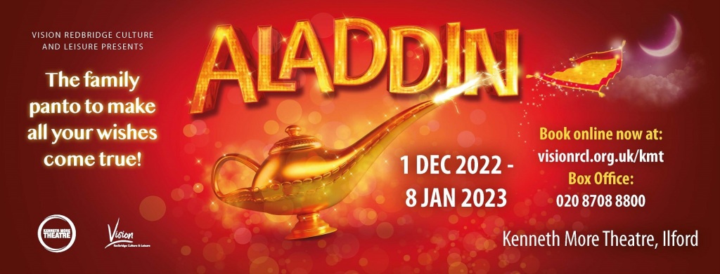 Aladdin pantomime banner including all relevant information such dates, booking details etc